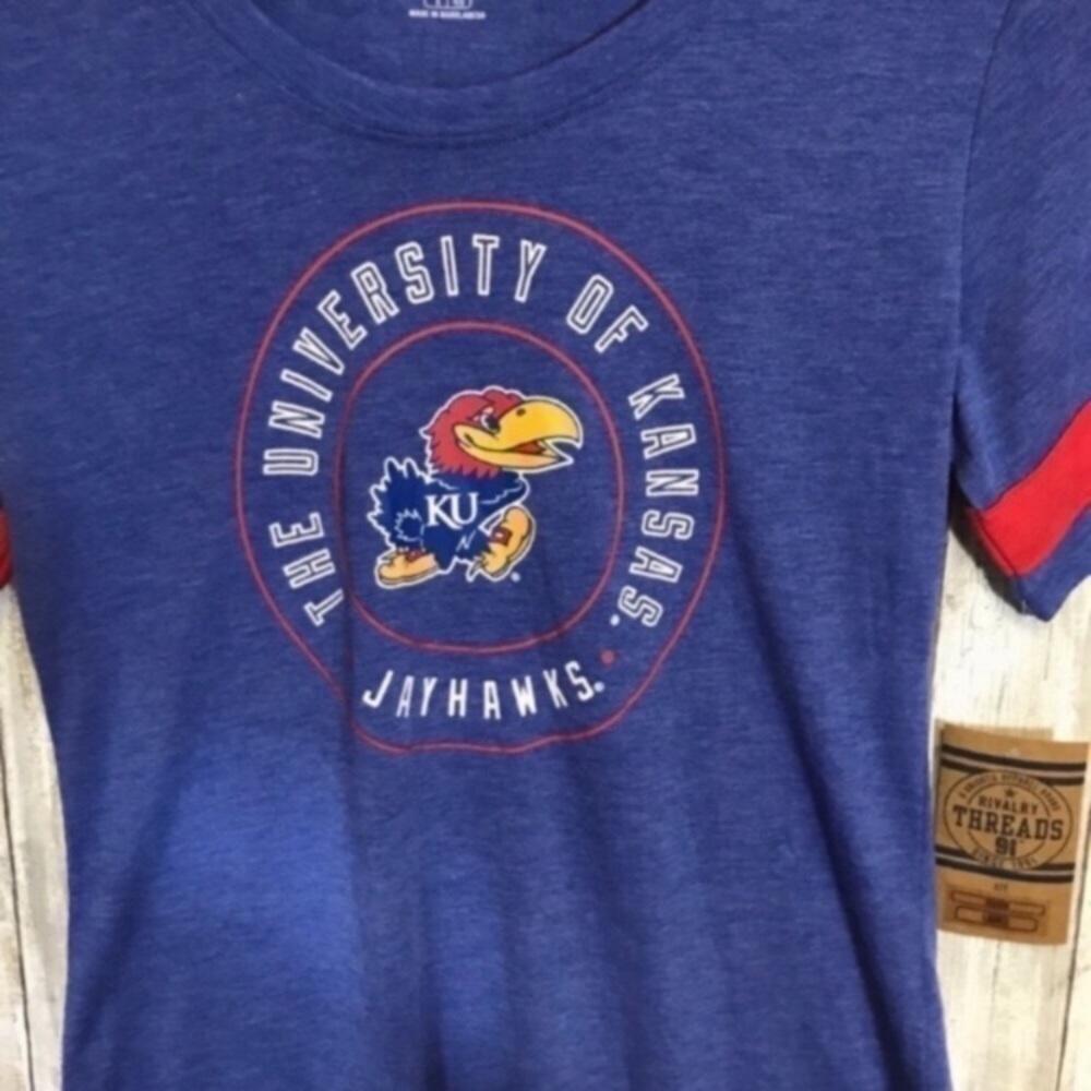 Kansas Jayhawks Women’s Tee Small Blue Red Stripe Sleeve NCAA KU Game Day Shirt - Picture 2 of 4